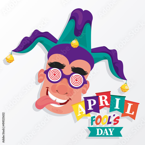 april fools day lettering with man wearing funny accessories