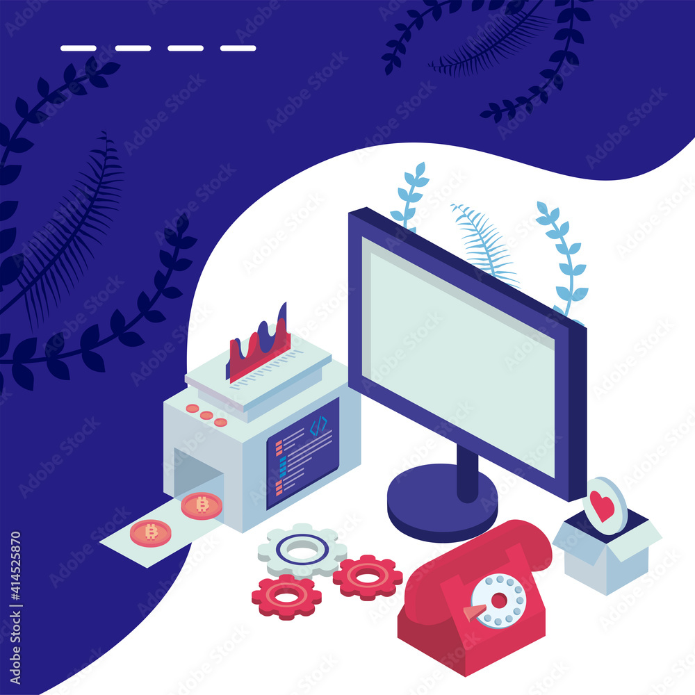 Obraz premium desktop and telephone with social media isometric set icons