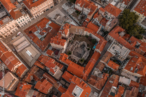 Aerial drone shot of roman ruins in Split old town in sunrise hour in Croatia