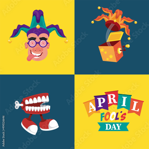 april fools day lettering with three icons