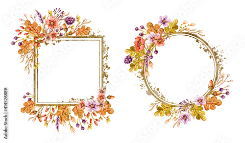 Floral frames set with autumn oak leaves, acorns, berries, flowers and floral elements in fall colors. Handpainted Wedding greetings cards. Vector watercolor hand painted autumn illustration.