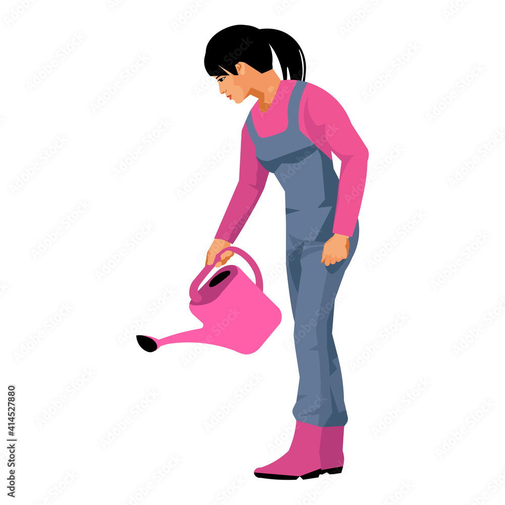 An asian gardener or farmer dressed in work clothes watering plants from a watering can in the garden An asian gardener or farmer dressed in work clothes watering plants from a watering can in the garden