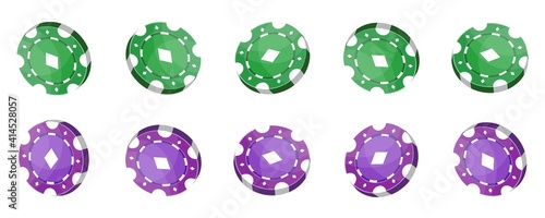Casino chips for poker or roulette. Green and purple color elements for logo, website or background design. Vector illustration isolated on white background.