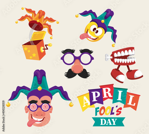 april fools day lettering with five icons