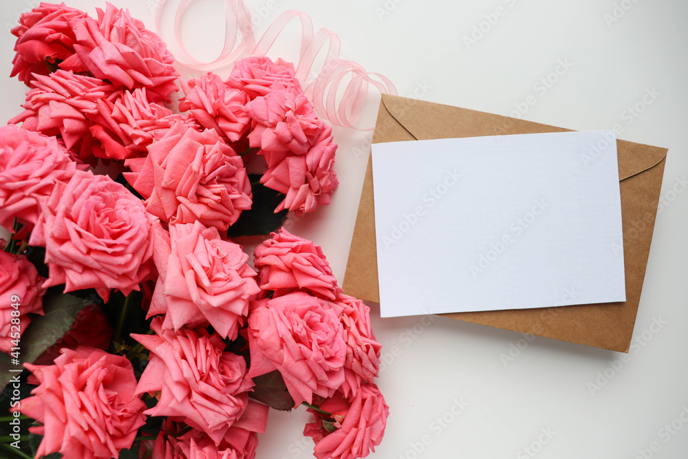 greeting card design. beautiful bouquet of flowers, gift box and envelope with white blank for text greeting card design. beautiful bouquet of flowers, gift box and envelope with white blank for text