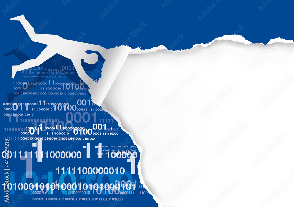Flying man,tearing paper, with binary codes. Paper silhouette of man ...