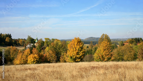 Autumn’s view on small picturesque village Pasterka in Table Mountains, Stolowe Mountains in Poland. Europe. 