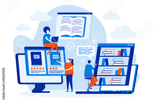Online library web design concept with people characters. Students reading e-books scene. Distance education composition in flat style. Vector illustration for social media promotional materials.