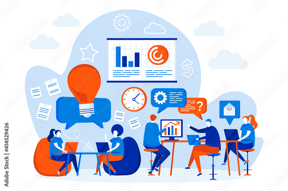 Open space office web design with people characters. Colegues togeather work in office scene. Coworking space composition in flat style. Vector illustration for social media promotional materials.