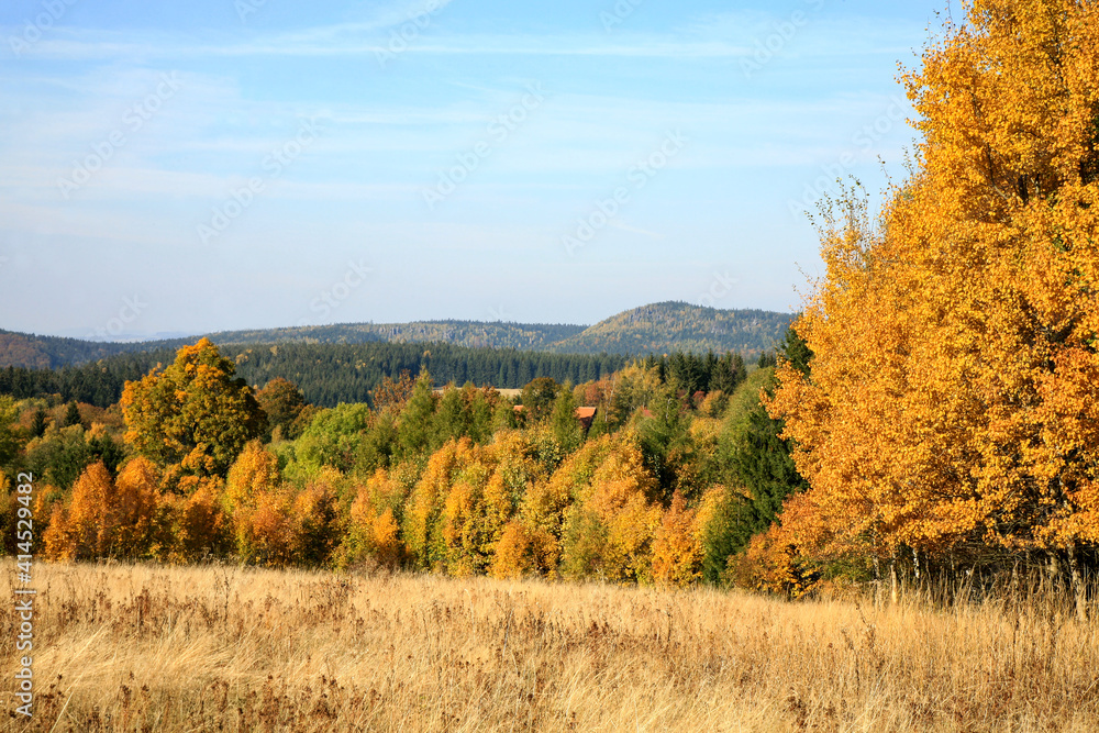 Autumn’s view on small picturesque village Pasterka in Table Mountains, Stolowe Mountains in Poland. Europe. 