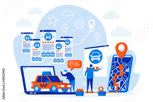 Taxi booking web design concept with people characters. Man booking taxi via mobile app scene. Online car service composition in flat style. Vector illustration for social media promotional materials.
