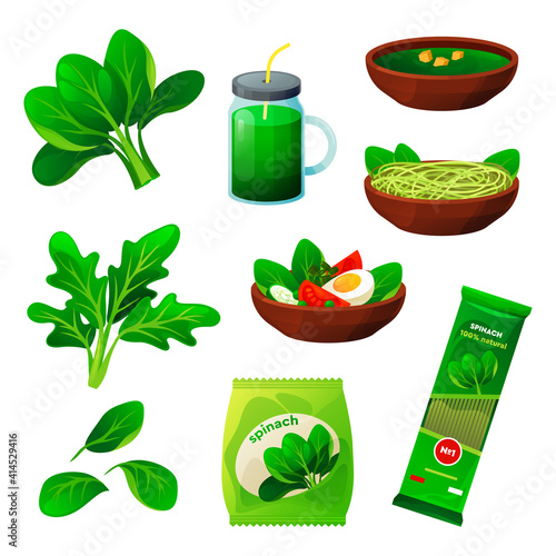 Set of spinach food, flat vegetable products
