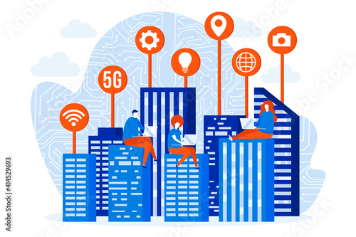 Futuristic megapolis design concept with people characters. Smart city construction scene. Futuristic cityscape composition in flat style. Vector illustration for social media promotional materials.