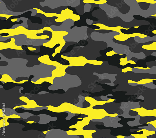 Black camouflage with yellow spots, seamless vector print. Classic pattern