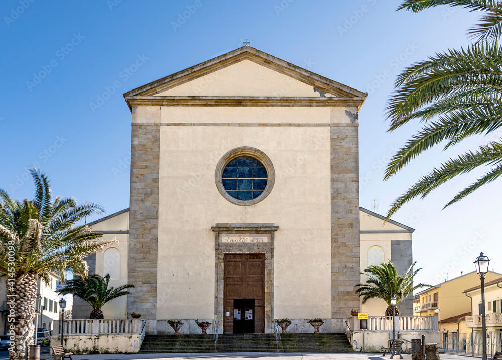 Parish church of San Vincenzo, dedicated to the Saint Vincenzo Ferreri, built in the XIX century, preserving inside frescoes of Italian painter Giampaolo Talani, province of Livorno, Tuscany, central 
