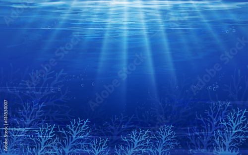 Underwater sea with wave in deep blue in island,Bottom of ocean with sun ray shining through underwater creatures,coral reef,Silhouette of coral,Vector horizon marine or sea life for summer background