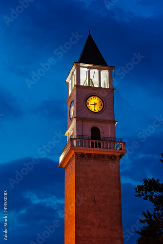 Night view of clock tower in Skanderbeg Square  Tirana  Albania