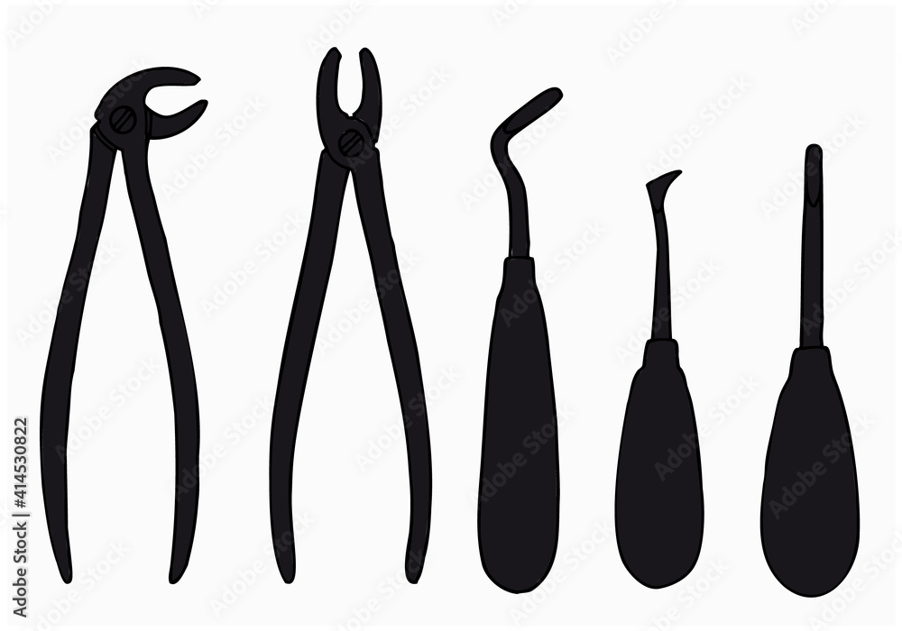 Icons of dental surgical forceps for the upper and lower jaws and elevators for tooth extraction in doodle style. Icons of dental surgical forceps for the upper and lower jaws and elevators for tooth extraction in doodle style.