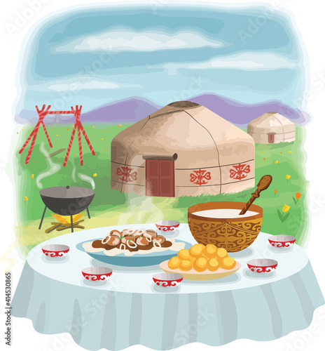 Laid table for the Nauryz holiday. Kazakh national dishes beshparmak, baursak, kumis drink. Yurts, swing altybakan, mountains and tulips on the background.
