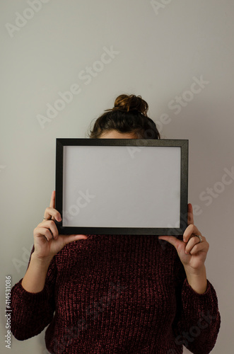 woman with black frame with white background