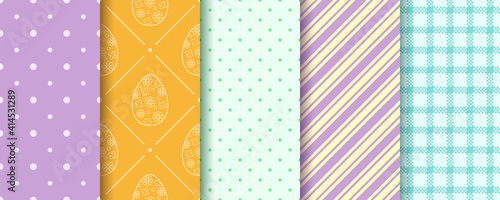 Set of Easter seamless Patterns. Pattern design set with Eggs, Gingham, Polka Dot and Stripes. Endless texture for web, picnic tablecloth, wrapping paper. Pattern templates in Swatches panel.