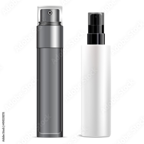 Cosmetic spray. Plastic spray bottle vector mockup. Cosmetic product container blank, clear tube. Pump deodorant aerosol 3d template. Toner essence, woman beauty care acrylic glass package