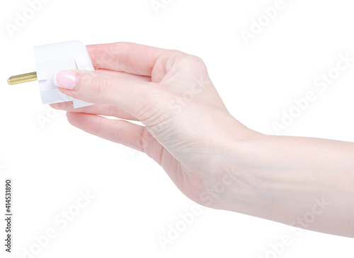 White electrical plug in hand on white background isolation