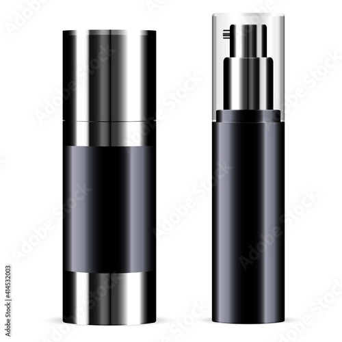 Black cosmetic spray bottle mockup. Toner product 3d vector tube. Pump packaging design. Mist essence template, medical dispenser. Round air aerosol hairspray, beauty blank