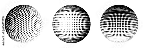 Set of halftone spheres. Abstract dotted background. Texture of black dots. Monochrome gradient background. Vector illustration.
