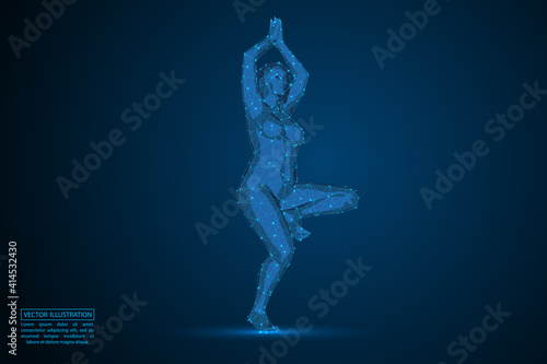 Woman yoga fitness. Abstract consists 3d of triangles, lines, dots and connections. On a dark blue background cosmic universe stars. Vector illustration eps 10.