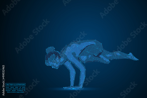 Woman yoga fitness. Abstract consists 3d of triangles, lines, dots and connections. On a dark blue background cosmic universe stars. Vector illustration eps 10.