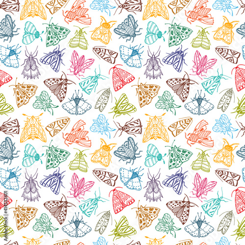 Multicolored Night Butterflies. Hand drawn doodle Moths vector seamless pattern. 