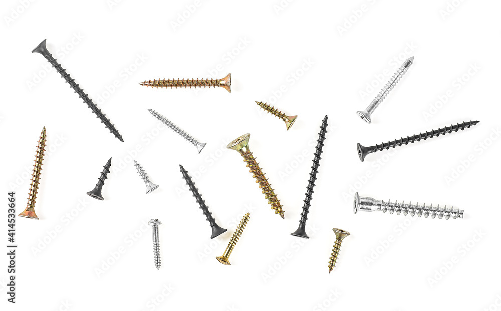 Top view of different screws isolated on a white background