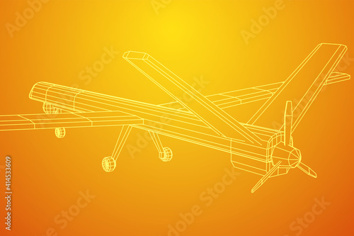 Military drone combat unmanned aerial vehicle. Recon aircraft plane. Wireframe low poly mesh vector illustration.