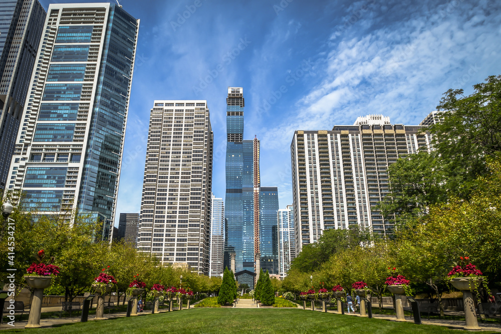 A glass tower under construction in Chicago A glass tower under construction in Chicago