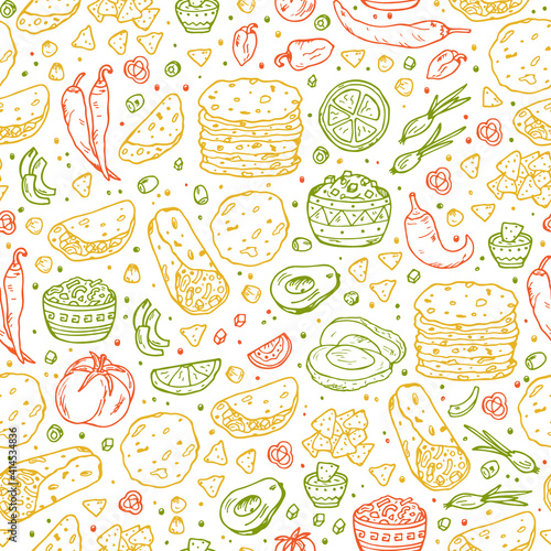Mexican tradition Food Vector Seamless pattern. Hand drawn doodle corn tortilla, taco, burritos, guacamole, nachos corn chips, Vegetables
