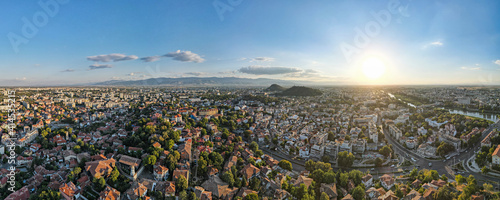 Aerial sunset view of center of City of Plovdiv, Bulgaria