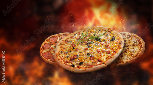 Pizza levitated in front of a burning oven. surrounded by flames