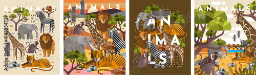 Animals. Vector flat illustrations of giraffe, elephant, monkey, tiger, lion, zebra, eagle, tree, savanna. African flora and fauna drawings for poster or background