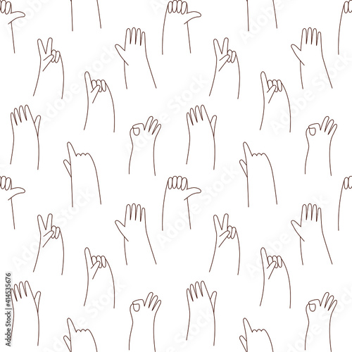 Doodle hands seamless pattern. Image of gestures. Vector stock illustration isolated on white background.