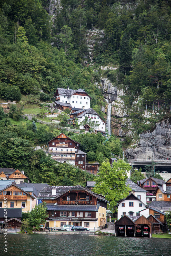 Europe, Austria, Hallstatt, Town of Hallstatt as seen from Lake Hallstatt which is part of the Salzkammergut Cultural Landscape, UNESCO World Heritage Site