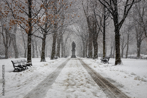 Vászonkép Statue on a snowy path with snow falling and tire tracks