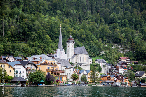 Europe, Austria, Hallstatt, Town of Hallstatt as seen from Lake Hallstatt which is part of the Salzkammergut Cultural Landscape, UNESCO World Heritage Site