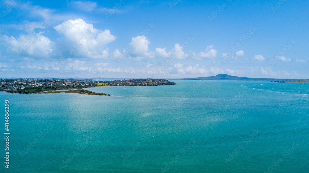 Beautiful harbour with volcano island in the background. Auckland, New Zealand.