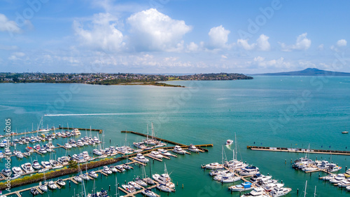 Aerial view on the boats resting in a marina. Auckland, New Zealand.