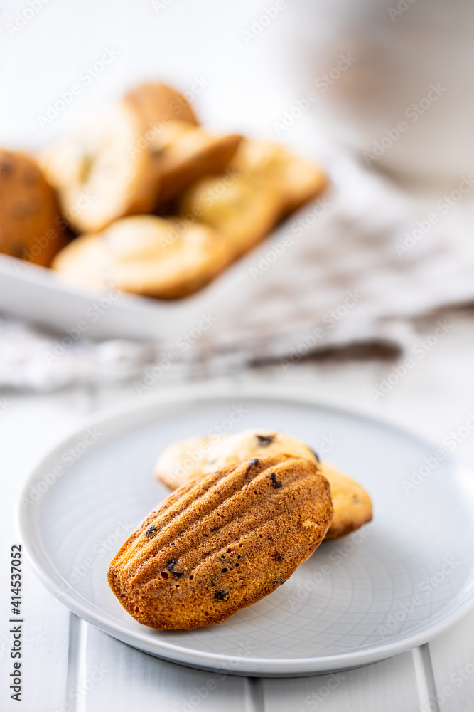 Madeleine with chocolate. Traditional French small cakes. Madeleine with chocolate. Traditional French small cakes.