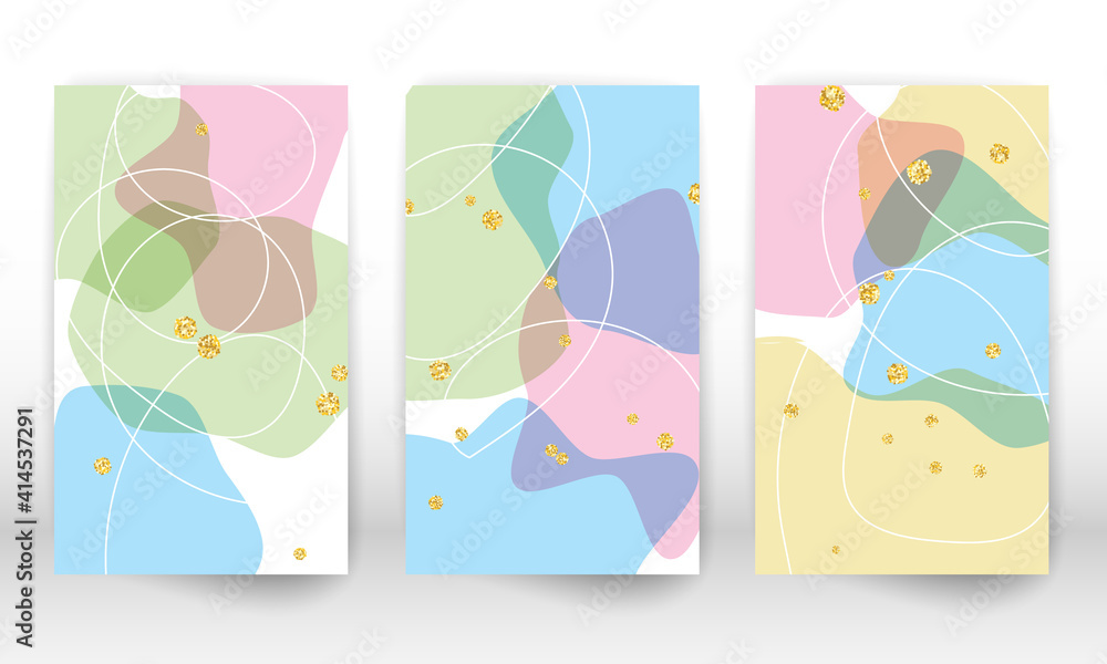 Watercolor effect design cover. Set of abstract hand drawn geometric shapes. Doodle lines, golden particles.