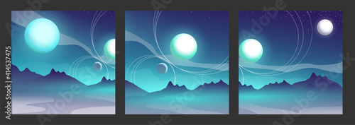 Set of three square posters with abstract cosmic landscape with planets and sattelites in the sky. Vector illustration for posters, banners, social media advertising.