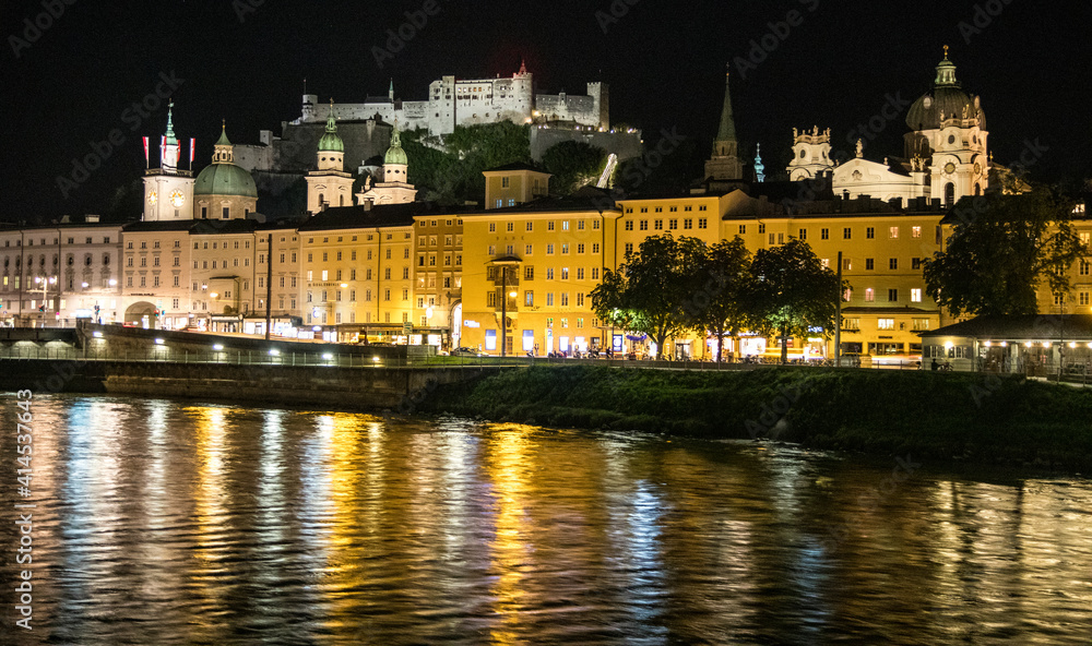 Europe, Austria, Salzburg, Salzburg at night and Reflections in the Water