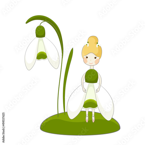 Cute cartoon spring fairy illustration with snowdrop flower. Fairytail character. Forest and garden creature.